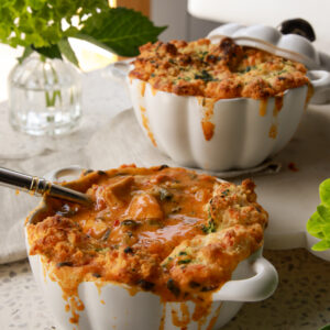 Creamy Marry Me Chicken Pot Pie Soup in white ramekins topped with golden cheddar bay biscuits