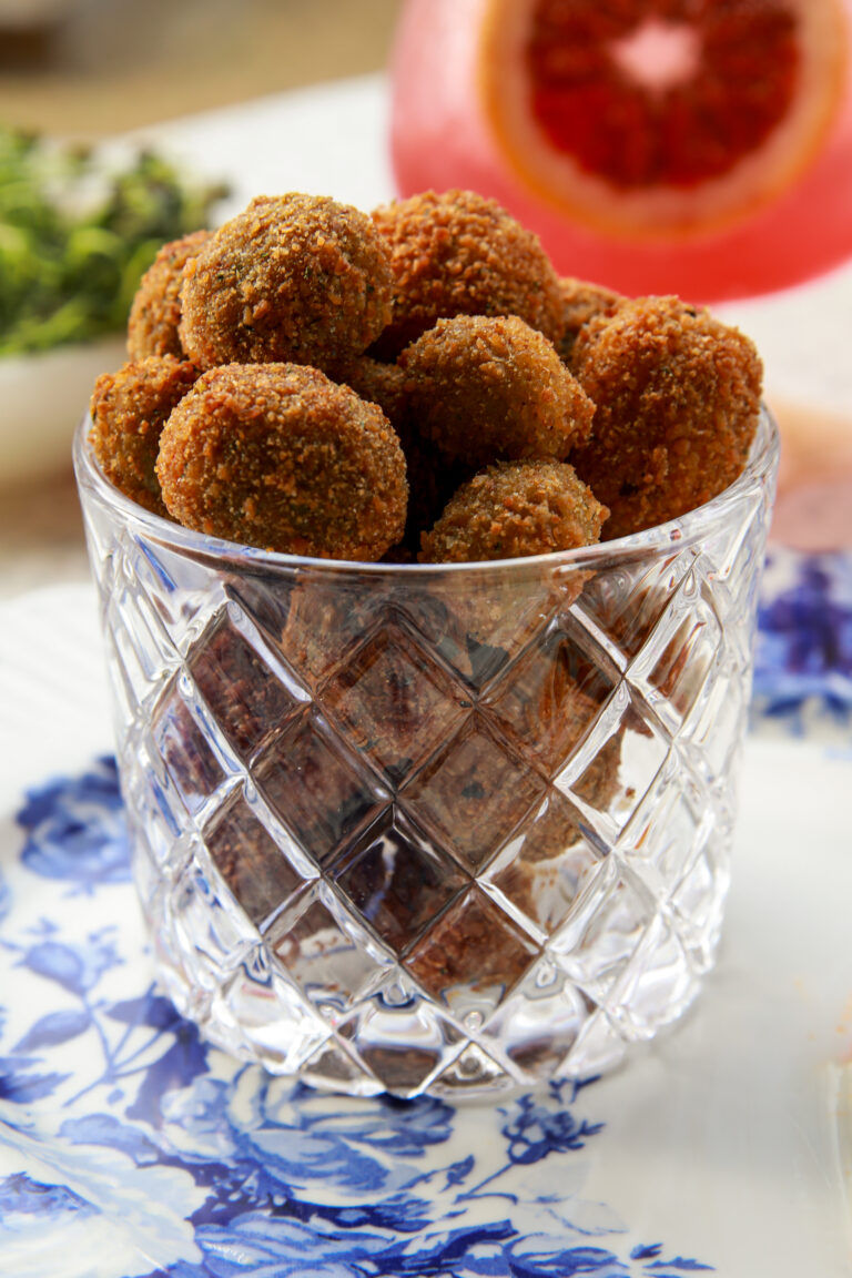 Easy Crispy Feta Stuffed Fried Olives with Garlicky Yogurt