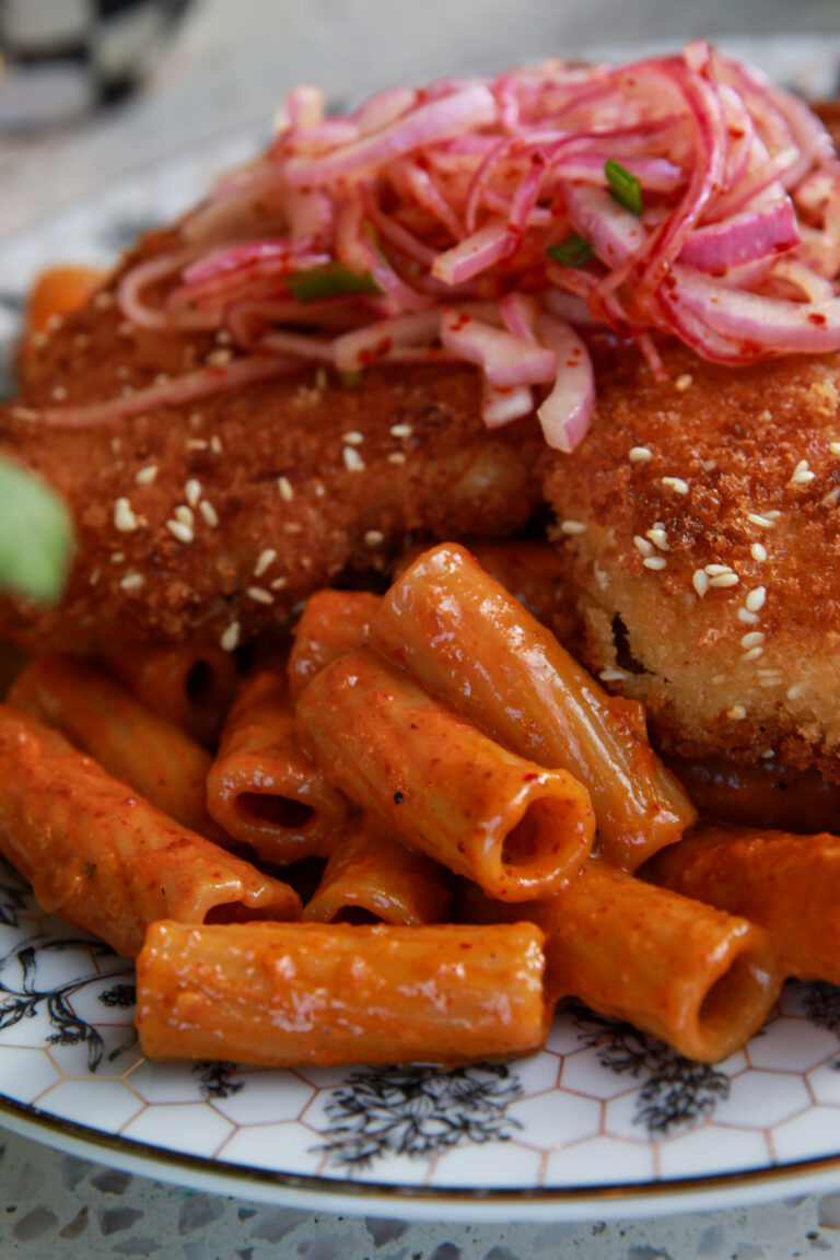 Buldak Carbonara Pasta with Crispy Chicken (Easy Creamy Gochujang Pasta)